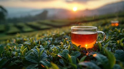 Foto op Canvas Sprawling green tea garden and slim waisted tea glass among the tea fields. black tea in glass cup, black tea, hot glass cup © Maru_sua