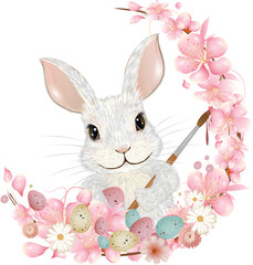 weißes Kaninchen oder Osterhase mit rosa Blüten und Künstler Pinsel, pastell Ostereiern für Ostern