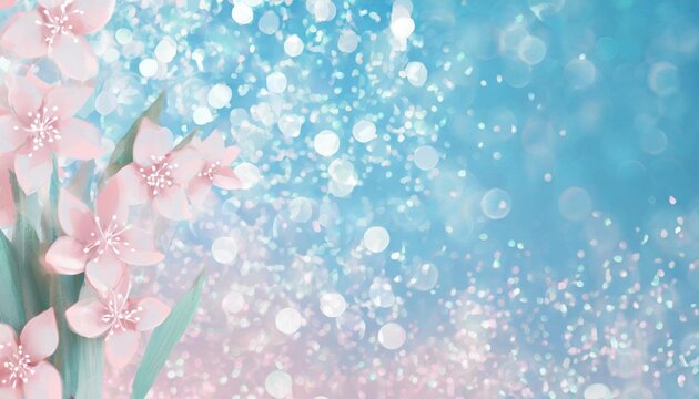 spring flower abstract pastel pink blurred blue white banner with shiny particle glowing wallpaper backdrop mockup may tender colors background with copy space for design text