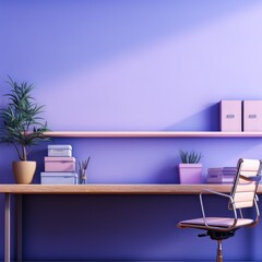 Purple: An office desk and chair with purple wall and a plant that sits on the shelf