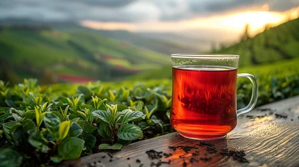 Keuken spatwand met foto Sprawling green tea garden and slim waisted tea glass among the tea fields. black tea in glass cup, black tea, hot glass cup © Maru_sua