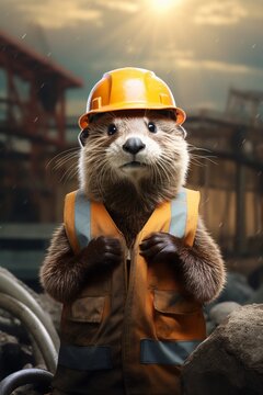 An otter dressed as a construction worker against a simplistic building site backdrop  AI generated illustration