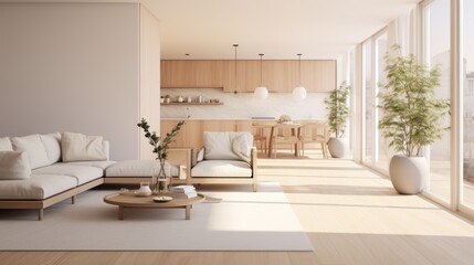 Fototapeta na wymiar Bright minimalist mockup of a open concept apartment AI generated illustration