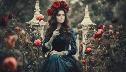 Solitude of sorrow in a dying rose garden, concept of depression, mental issues. - obrazy, fototapety, plakaty