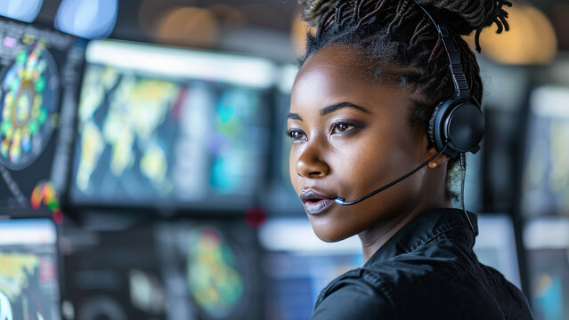a young African heritage woman, wearing headphones with a mic while training as an air traffic controller.