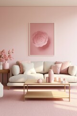 Depiction of a soft and minimalist living room in pink tones AI generated illustration