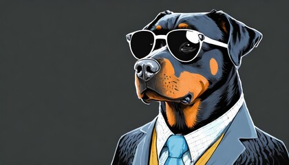 cool looking rottweiler dog wearing suit tie and sunglasses isolated on dark background with copyspace for text businessman digital illustration