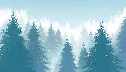 Fotobehang illustration of misty winter pine trees forest landscape background © Wayne