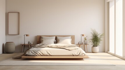 Digital mockup of a minimal muted bedroom space  AI generated illustration