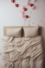 Flat lay showcasing a minimalist Valentines Day bedroom setup  AI generated illustration