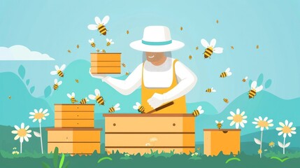 Beekeeper on apiary. Beekeeper is working with bees and beehives on the apiary. Apiculture concept - obrazy, fototapety, plakaty
