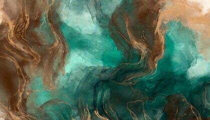 abstract watercolor paint background by deep teal color brown and green with liquid fluid texture for backdrop - obrazy, fototapety, plakaty