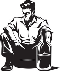 Whiskey Wisdom Vector Man with Bottle Icon Liquor Lounge Symbolic Sitting Man and Bottle