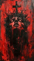 dramatic and intense contemporary art painting featuring a thorn-crowned figure in red.