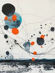 A painting featuring bold orange and black circles arranged in an abstract pattern