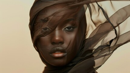 A lovely youthful black female enveloped in diaphanous cloth, with a billowing veil against a beige backdrop