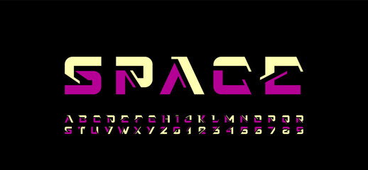Technical future font, digital cyber alphabet, trendy thick letters from A to Z and numbers from 0 to 9 multi-colored style