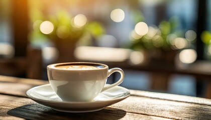 this stunning coffee shop photograph featuring a cozy shelf and table setup perfect for a cafe or restaurant decor the bokeh effect in the background adds a touch of magic to the scene