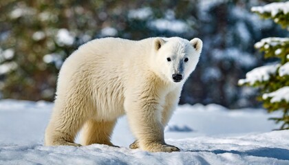 Obraz na płótnie Canvas cute little polar bear on the background of a snowy forest