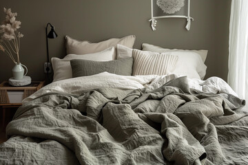 A serene and stylish bedroom with a neatly made bed, soft pillows, and a warm blanket in neutral tones