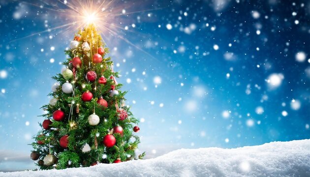 decorated christmas tree with winter snow background