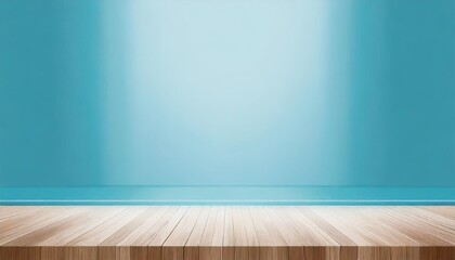 light blue background wall with platform and empty space wood floor design potential