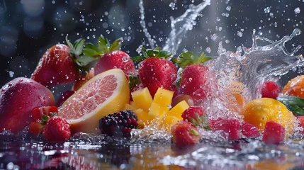 Poster various types of fruit slices stacked with splash, fruit punch concep,generative ai, © curek