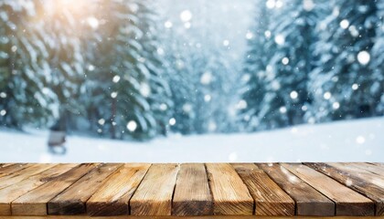 empty wooden table on the background blurred winter snow background the background can be used for mounting or displaying your products