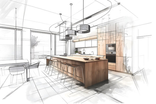 Hand drawn color sketch of modern luxury kitchen interior with panoramic window Interior design concept