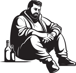 Whiskey Wisdom Vector Illustration of a Drinker Bourbon Balance Emblematic Sitting Man with Bottle