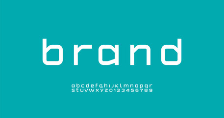 Technical future font, digital cyber alphabet, trendy lowercase letters A, B, C, D, E, F, G, H, I, J, K, L, M, N, O, P, Q, R, S, T, U, V, W, X, Y, Z and numerals 0, 1, 2, 3, 4, 5, 6, 7, 8, 9