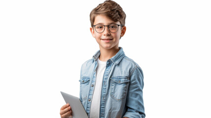 A smiling child in a denim jacket holds a tablet confidently.