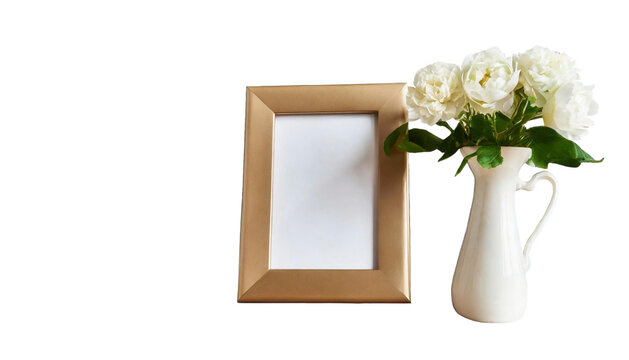 Photo frame with a white vase with flowers isolated on white
