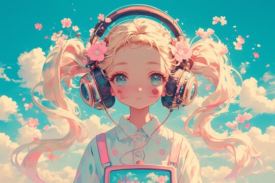 A girl with blonde hair in pigtails wears large headphones 