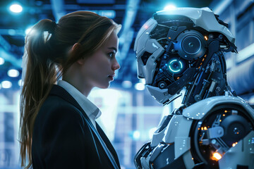 Fototapeta premium Businesswoman in suit facing a robot, looking at each other with a futuristic technology background.