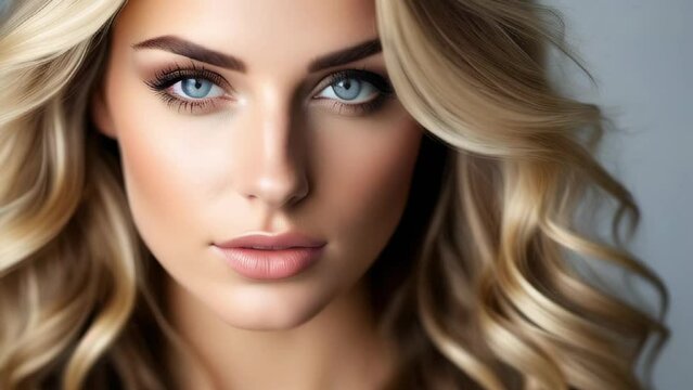 Blonde Woman Portrait with blue eyes and Healthy Long Shiny Wavy hairstyle posing on grey background. Volume shampoo. Blond Curly permed Hair and bright makeup. Beauty salon and haircare concept.