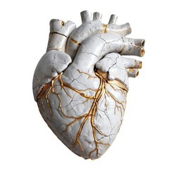 White stone heart, restored with gold by kintsugi Japanese technique. The beauty of imperfection. Representation of a psychological trauma, broken heart restored with unique technique. PNG