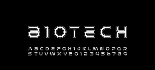Technology outlines font, digital cyber alphabet made futurism style, letters A, B, C, D, E, F, G, H, I, J, K, L, M, N, O, P, Q, R, S, T, U, V, W, X, Y, Z and numerals 0, 1, 2, 3, 4, 5, 6, 7, 8, 9