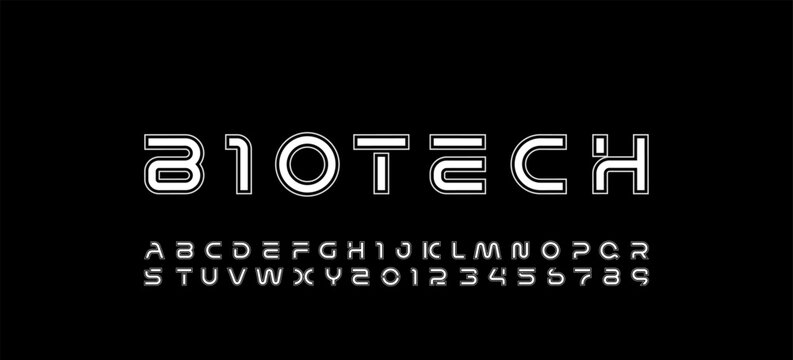 Technology outlines font, digital cyber alphabet made futurism style, letters A, B, C, D, E, F, G, H, I, J, K, L, M, N, O, P, Q, R, S, T, U, V, W, X, Y, Z and numerals 0, 1, 2, 3, 4, 5, 6, 7, 8, 9