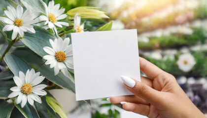 Blank white square card held by female hand. - Powered by Adobe