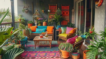 Fototapeta na wymiar Urban jungle balcony oasis brimming with vibrant plants and colorful decor!
