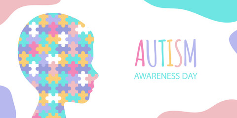 Baby head silhouette made from puzzles.Autism awareness day.Banner with text.Vector stock illustration.