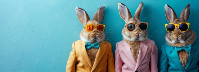 A portrait shows three rabbits dressed in colorful suits and sunglasses - obrazy, fototapety, plakaty