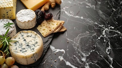 Cheese background. Beautiful assortment of cheeses and vegetables in vintage style on a marble background for design.