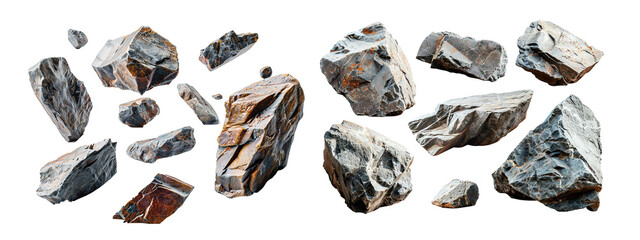 Collection of floating rock fragments isolated on transparent background. Generative AI