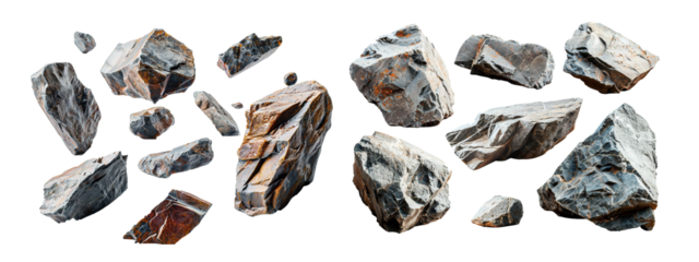 Collection of floating rock fragments isolated on transparent background. Generative AI