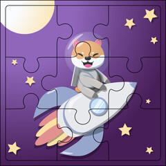 A cute astronaut dog in a space suit flying on a rocket. Exploring the galaxy with planets, stars and the moon. Puzzle for children, cartoon vector pattern.
