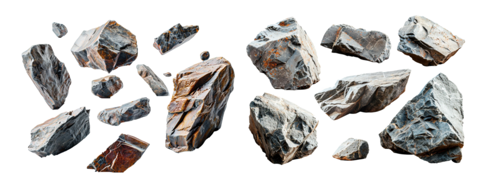 Collection of floating rock fragments isolated on transparent background. Generative AI