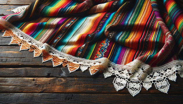 Vibrant Mexican Serape Blanket on Wooden Surface. Concept Mexican Cultural Richness