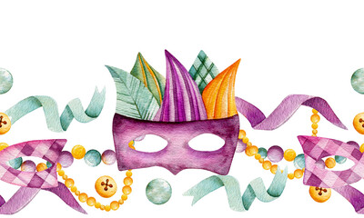 Seamless watercolor border. Carnival masks, beads, ribbons, bells. Mardi Gras, carnivals, holidays.